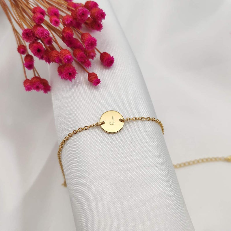 Glimmerst Personalized Initial Bracelet, 18K Gold Plated Stainless Steel Letter J Bracelet Dainty Coin Charm Bracelet Delicate Disc Name Bracelet for Women - Image 3